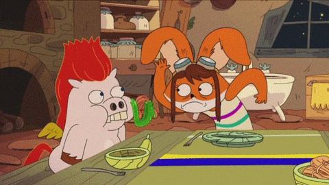 a cartoon of a pig and a fox sitting at a table with a bowl of bananas