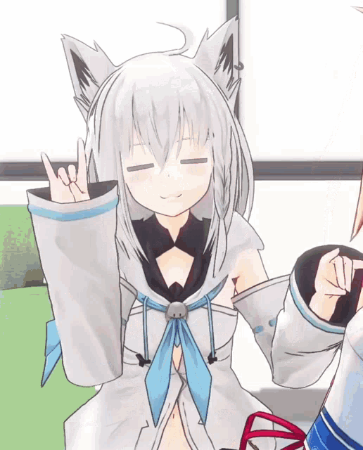 a girl with white hair and ears is making a devil horn sign