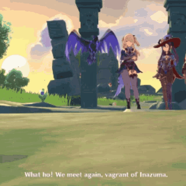 a video game scene with the words what ho we meet again vagrant of inazuma
