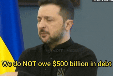 a man says " we do not owe $ 500 billion in debt " in front of a blue and yellow flag