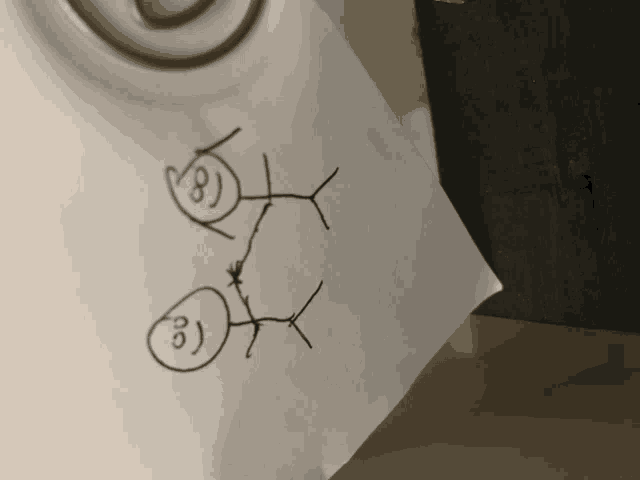 a drawing of two stick figures with the numbers 8 and 3