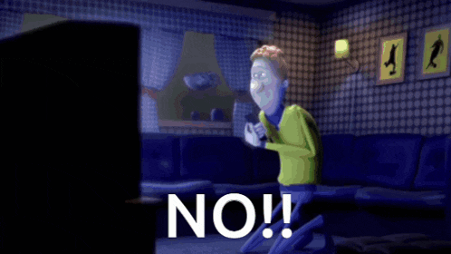 a cartoon of a man playing a video game with the word no on the bottom