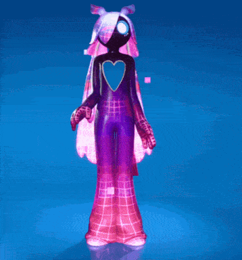 a pink and purple cartoon character with a heart on the chest