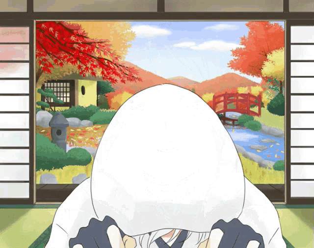 a cartoon drawing of a person with a white hood looking out of a window