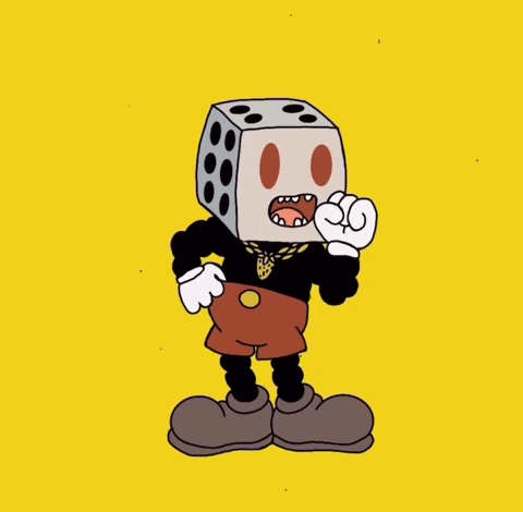a cartoon character with a dice head and a necklace on his neck