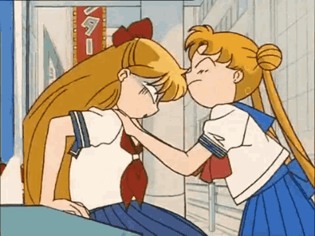 a cartoon of two girls standing next to each other and touching their foreheads .