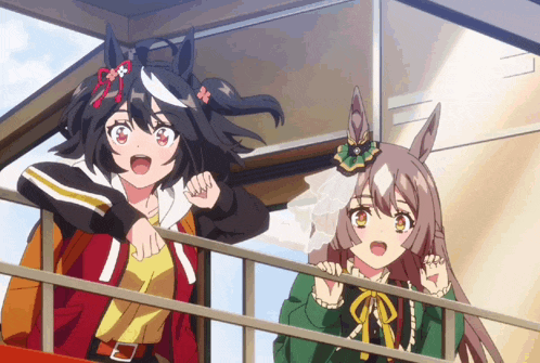 two anime girls are standing on a balcony looking out the window