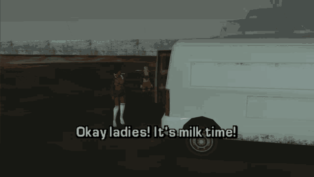 okay ladies it 's milk time in a video game scene