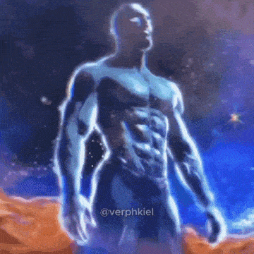 a man without a shirt is standing in front of a blue background with a star in the background .