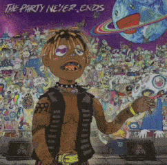 a cartoon of a man standing in front of a crowd with the words " the party never ends " above him