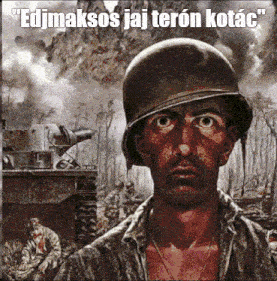 a painting of a soldier with the words " edjmaksos jaj teron kotac " on the bottom