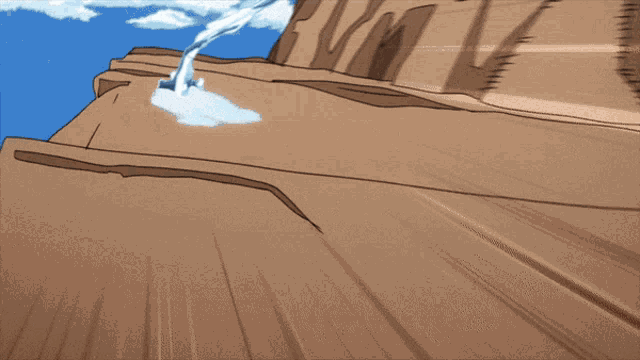 a cartoon drawing of a waterfall with a blue sky and clouds