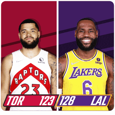 two basketball players one from the raptors and the other from the lakers are standing next to each other