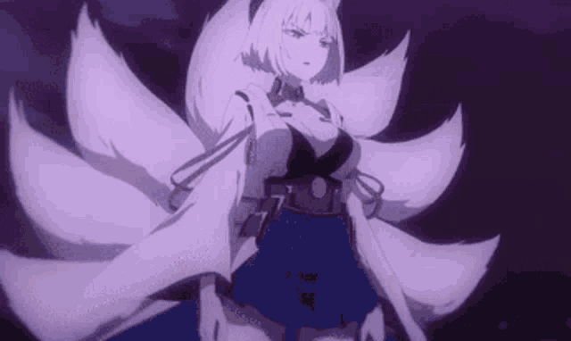 a fox girl with nine tailed fox ears is standing in a dark room .