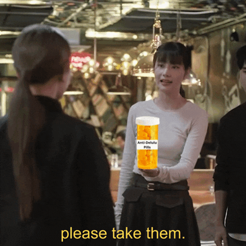 a woman is holding a bottle of anti delulu pills in her hand