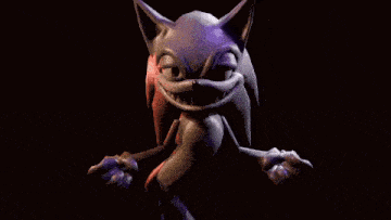 a 3d rendering of a cartoon character , sonic the hedgehog , making a funny face in the dark .