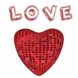 a red heart with sequins and the word love written above it
