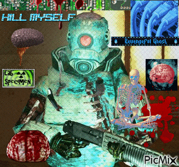 a man in a gas mask holding a gun with the words kill myself written on the top