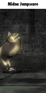 a video game character named midna jumpscare is standing in a dark room