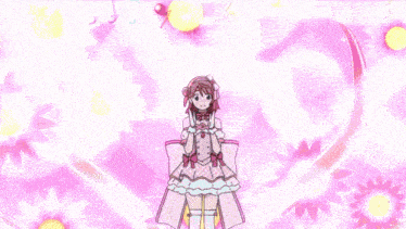 a girl in a pink dress is standing in front of a rainbow background