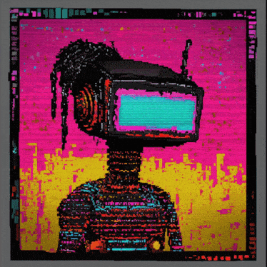 a colorful painting of a robot with a television head