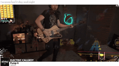 a man playing a guitar in front of a screen that says electric callboy pump it