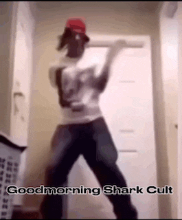 a man is dancing in a hallway with the words good morning shark cult on the bottom