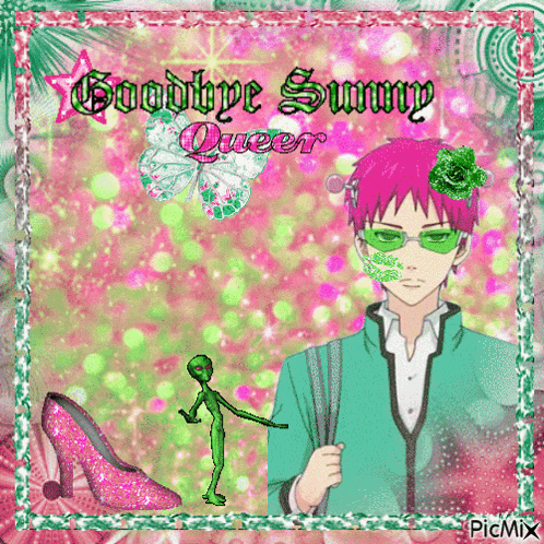 a picture of a boy with pink hair and green glasses with the words goodbye sunny queer above him