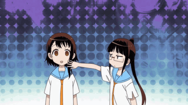 two anime girls are standing next to each other and one of them is touching the other 's face