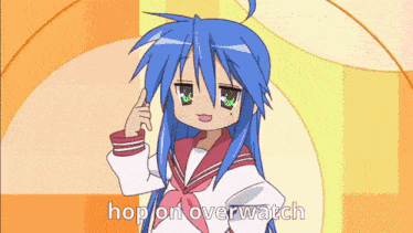 a cartoon of a girl with blue hair and the words hop on overwatch below her