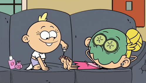 a cartoon of a girl with a cucumber mask on her face getting her nails painted