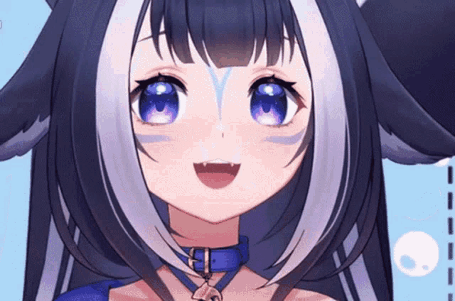 a close up of a cute anime girl with a blue collar
