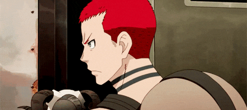 a man with red hair is wearing a backpack