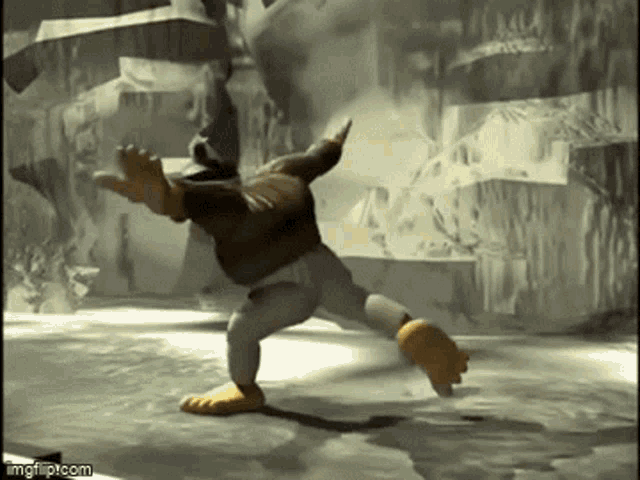 a cartoon character is standing on one leg in a video game scene .