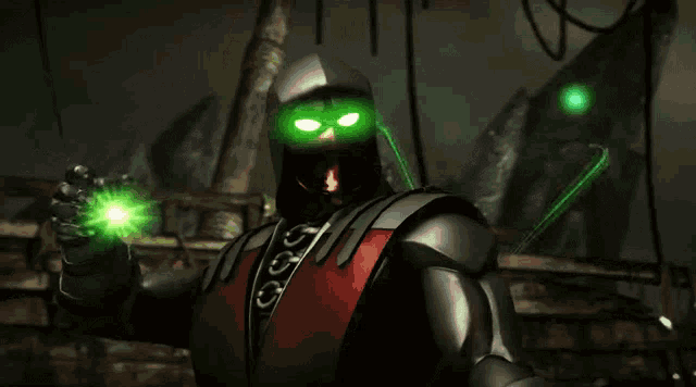a video game character with green eyes and a hood with the letter s on it