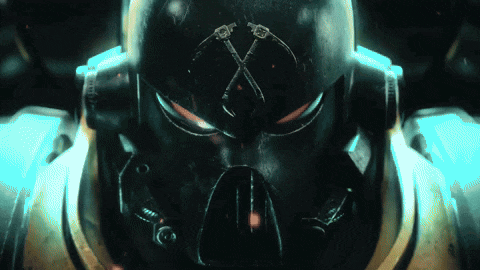 a close up of a robot 's face with a cross on it