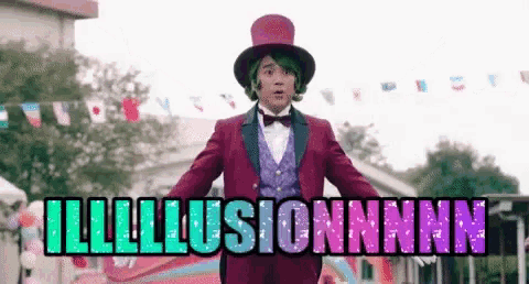 a man in a top hat and suit is standing in front of a sign that says `` illusion '' .