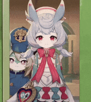 a cartoon girl with bunny ears is standing in a doorway holding a heart shaped clock .