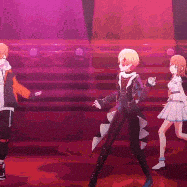 a group of anime characters are dancing on a stage in front of a crowd .