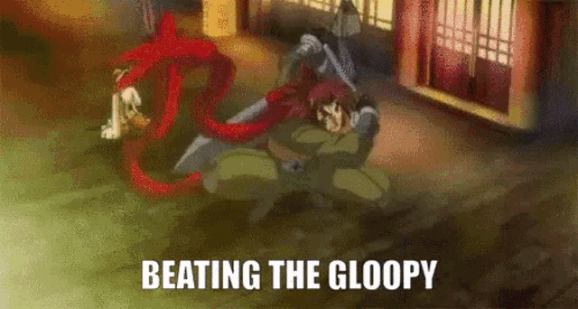 a cartoon of a man fighting a monster with the words beating the gloopy written above him .