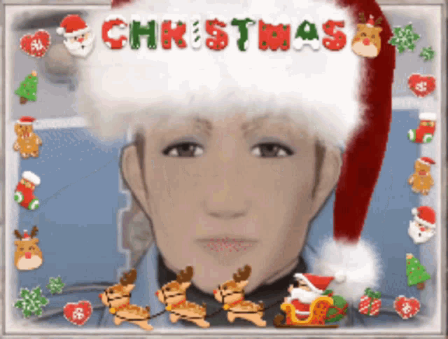 a picture of a man wearing a santa hat with the word christmas written on it