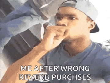 a man in a baseball cap is covering his mouth with his hand and says `` me after wrong reverb purchases '' .
