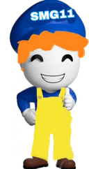 a cartoon character is wearing a blue hat and yellow overalls .