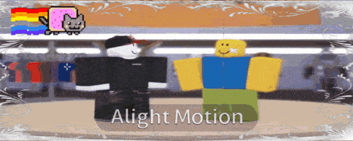 two roblox characters are standing next to each other and the words alight motion are on the bottom
