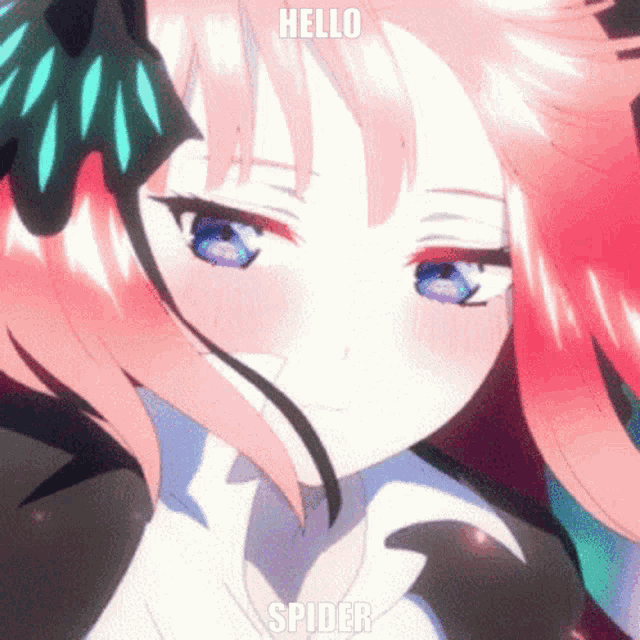 a close up of a anime girl with the words hello spider on her face