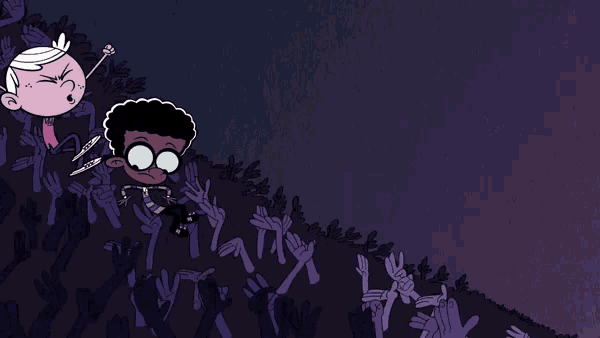 a couple of cartoon characters standing next to each other with a crowd of hands behind them