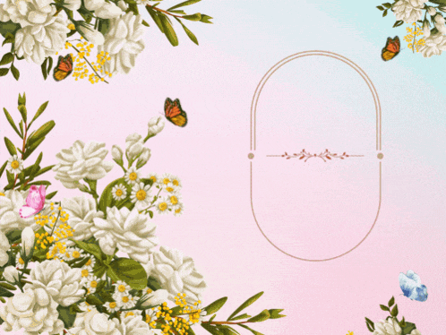 a pink background with white flowers and butterflies and a frame