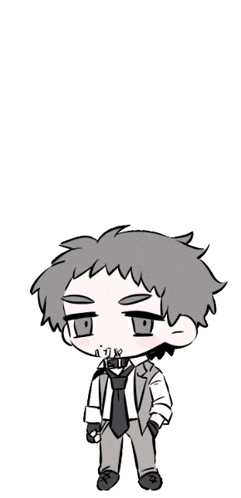 a black and white drawing of a chibi boy in a suit and tie .