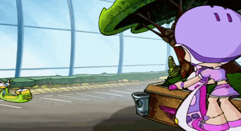 a girl in a purple helmet is riding a scooter on a street