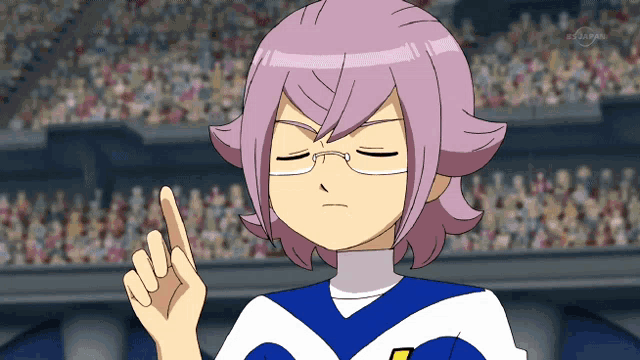 a cartoon character with glasses and purple hair is giving a thumbs up